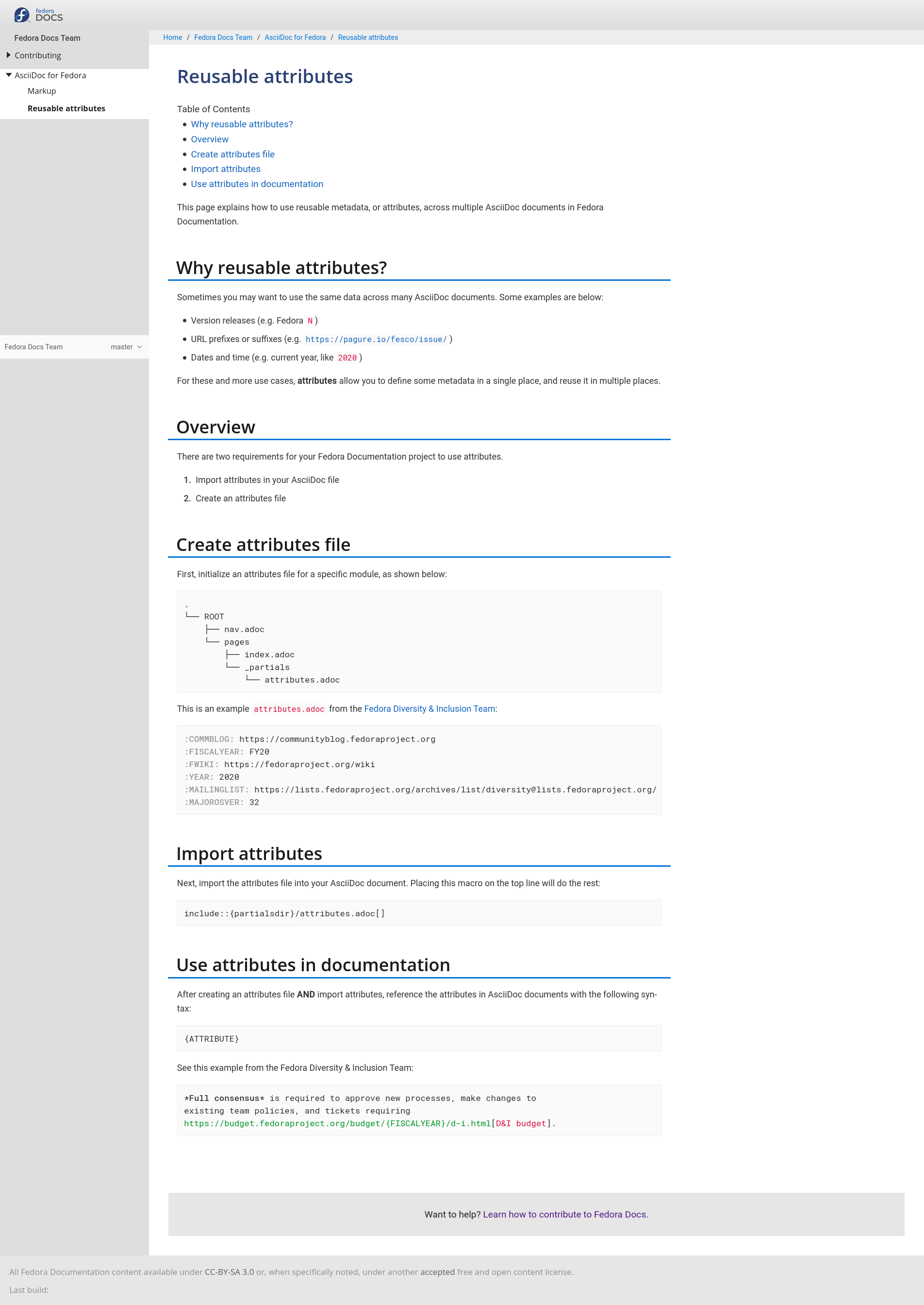 Screenshot of Reusable attributes page, showing how to create, import, and use attributes in multiple AsciiDoc documents